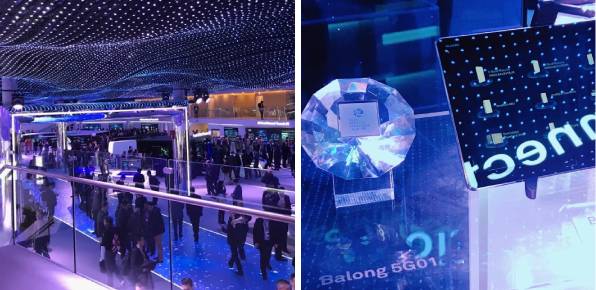 화웨이 전시관(왼쪽)과 5G 칩셋 ‘발롱5G01’(오른쪽)