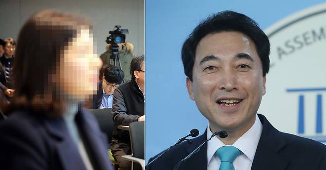 박수현 전 부인이 9일 충남도청 브리핑룸에서 더불어민주당 당원 오영환 씨의 기자회견을 지켜보고 있다. 오른쪽은 충남지사 출마 선언을 하는 박 후보[사진 연합뉴스, 뉴스1]