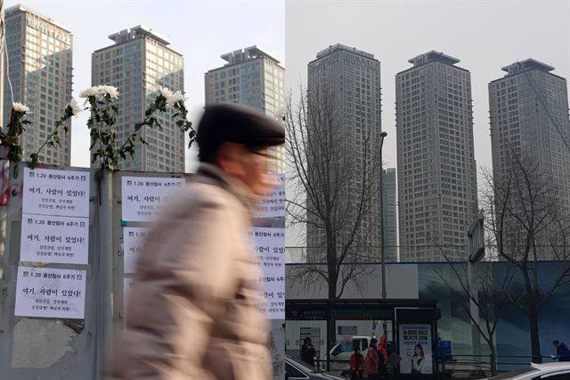 2015년 1월 용산참사 6주기를 앞두고 국화가 꽂힌 남일당 터 앞 울타리(왼쪽)와 건축이 한창인 지난 2월의 높다란 울타리. 연합뉴스ㆍ홍인택 기자