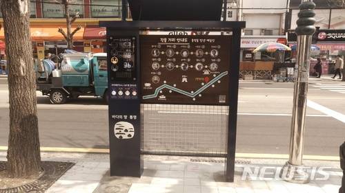 【통영=뉴시스】신정철 기자 = 경남 통영시는 14일 기존의 중앙간선도로 아트타일을 '통영을 빛낸 예술인 거리'로 새단장하는 한편동피랑에서 서피랑으로 이어지는 중앙간선도로에 도보여행길 안내를 위해 스마트 안내판(사진)을 설치했다. 2018.03.14.(사진=통영시 제공)    photo@newsis.com