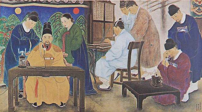 1886년 궁내부 교환기를 통해 고종과 대신의 전화통화 모습을 재현한 상상도. <한국통신박물관>소장.