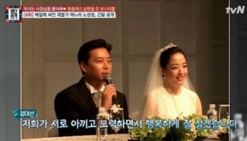 노현정(오른쪽)과 정대선 현대비에스앤씨 사장이 결혼 기자회견을 하는 모습. tvn '명단공개' 캡처