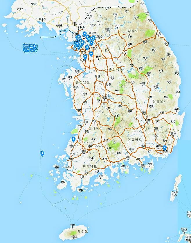 인천광역시의료원 무연고 사망자(2001~2017년) 195명 전국 분포.