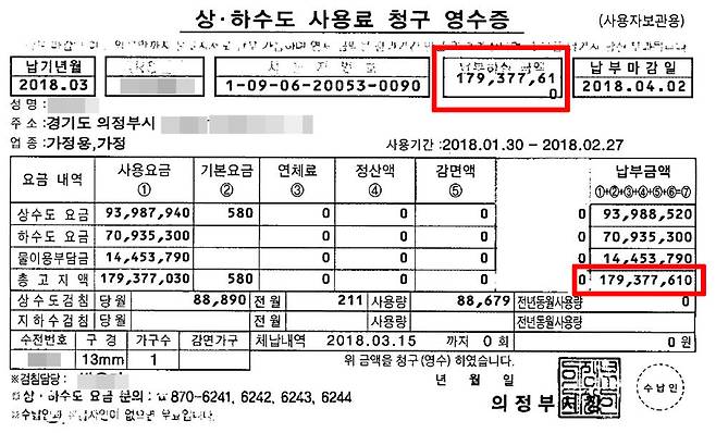 무려 1억8000만원에 가까운 금액이 찍혀 나온 한달 상·하수도 요금. [연합뉴스]