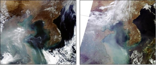 한반도 주변 위성사진 미국 항공우주국(NASA)의 지구관측위성 테라(TERRA) 등이 촬영한 22일과 23일 위성사진.