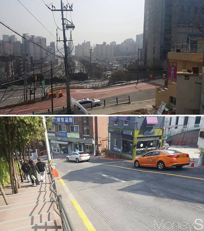 옥수동 일대(위쪽)와 옥수동의 한 가파른 언덕길. /사진=김창성 기자