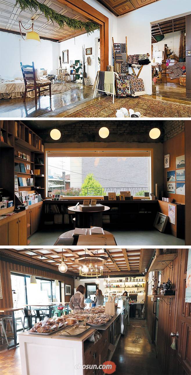 (위 부터)서울 연남동의 홈패브릭 브랜드 ‘잼머’의 쇼룸은 오래된 2층 양옥집을 활용해 침실, 주방, 거실 등을 아기자기하게 꾸몄다. 서울 연희동 2층 주택에 자리 잡은 책방 ‘유어마인드’에선 누군가의 서재에 들어온 듯 아늑한 분위기가 느껴진다. 나무로 된 벽과 바닥, 천장까지 옛 집의 느낌을 그대로 살린 서울 연남동 베이커리 카페 ‘브래드랩’. / 이신영 영상미디어 기자·유어마인드·강정미 기자
