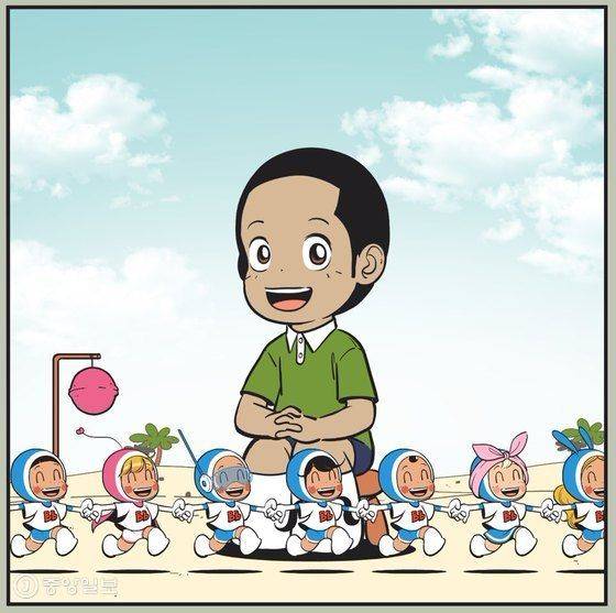 이동건 작가는 인터뷰 답변지와 함께 사진 대신 쓰라며 자신이 그린 캐리커처를 보내왔다. 유미의 세포들 뒤로 앉아 있는 이동건 작가. 왼쪽부터 다른 그림 찾기 세포, 사랑 세포, 텔레파시 세포, 감성 세포, 이성 세포, 세수 세포, 불안 세포. [그림 이동건 작가]