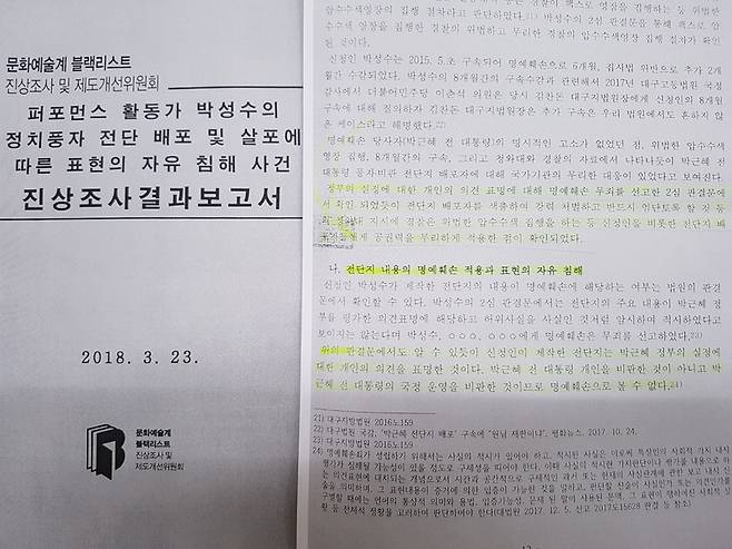 ‘문화예술계 블랙리스트 진상조사 및 제도개선위원회’가 지난달 23일 내놓은 ‘퍼포먼스 활동가 박성수의 정치풍자 전단 배포 및 살포에 따른 표현의 자유 침해 사건 진상조사 결과보고서’.
