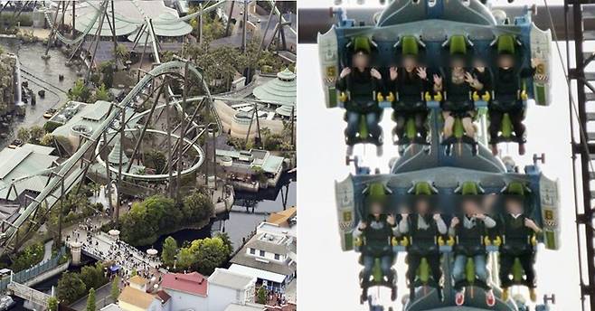 일본 오사카(大阪)의 테마파크 '유니버셜 스튜디오 재팬'(USJ)의 놀이기구인 '플라잉 다이노서(The Flying Dinosaur)'가 운행 중 멈추는 사고가 일어났다. 헬리콥터서 촬영된 사고 당시 모습(왼쪽)과 정상작동 일때의 모습(오른쪽) [연합뉴스]