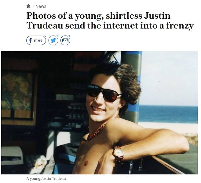 텔레그래프 등이 보도한 쥐스탱 트뤼도의 젊은 시절 사진.