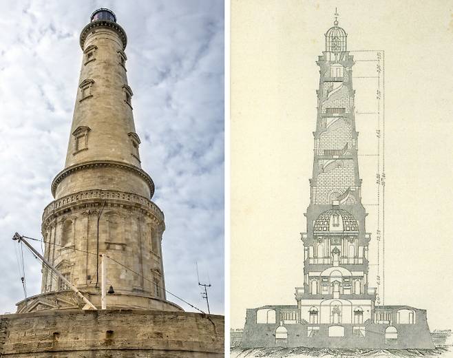 1611년 건축된 프랑스 보르도 지역의 코르두앙 등대. 시대적 조류에 따라 르네상스풍으로 지어졌다. 높이가 68m에 달해 전통 등대로는 세계에서 열네번째로 높다. 오른쪽 그림은 코르두앙 등대 단면(1867).