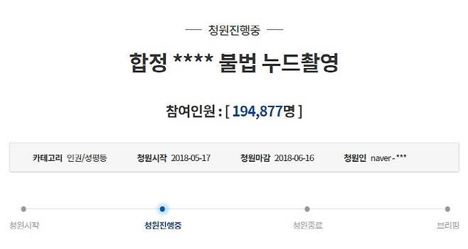 양예원씨의 사연이 전해진 뒤 청와대 홈페이지 국민청원 게시판에는 ‘합정 **** 불법 누드촬영’이라는 제목의 청원이 등장했다. 해당 게시물에는 불법 누드 촬영에 대한 수사를 촉구하는 내용이 담겼다. 청와대 홈페이지 화면 캡처