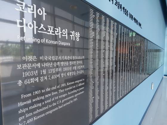 1902년 이후 3년 동안 64회에 걸쳐 7415명이 하와이 등으로 이민을 떠났다. 사진은 당시 이민자 이름이 적혀 있는 전시물. 임명수 기자