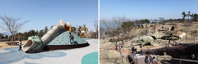 아이들이 좋아하는 공룡 모양 미끄럼틀 / 거대한 공룡 조형물이 생동감 있는 사파리 존