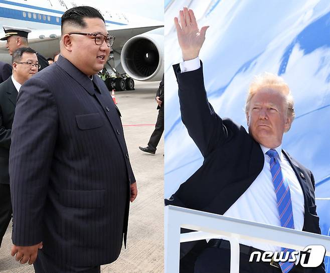 북미 정상회담을 이틀 앞둔 10일 김정은 북한 국무위원장이 싱가포르 창이창이공항에 도착하고 있다.(왼쪽) 같은 날 도널드 트럼프 미국 대통령이 캐나다 퀘벡에서 열린 주요 7개국(G7) 정상회의를 마치고 싱가포르로 출발하고 있다. (싱가포르 국제미디어센터, AFP)2018.6.10/뉴스1