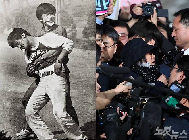 1987년 6월 9일 연세대학교 정문 앞에서 이한열 열사가 머리에 최루탄을 맞고 피를 흘리며 다른 학생 품에 안겨 있다. (왼쪽 사진=이한열기념사업회·당시 로이터통신 정태원 기자 촬영). 2016년 10월 31일 당시 박근혜 대통령 비선실세로 지목된 최순실씨가 서울 서초동 중앙지검에 피의자 신분으로 출석하고 있다. (사진=박종민 기자/노컷뉴스)