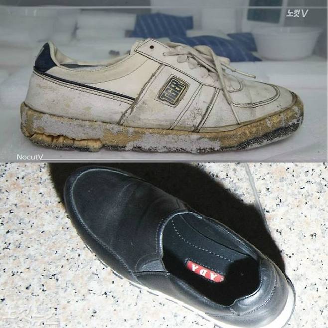 1987년 6월 9일 연세대학교 정문 앞에서 이한열 열사가 머리에 최루탄을 맞고 쓰러질 때 신고 있던 타이거 운동화 한 짝(위)과 2016년 10월 31일 최순실씨가 서울 서초동 중앙지검에 피의자 신분으로 소환되는 와중에 벗겨진 최씨의 프라다 구두 한 짝. (사진=자료사진/노컷뉴스)