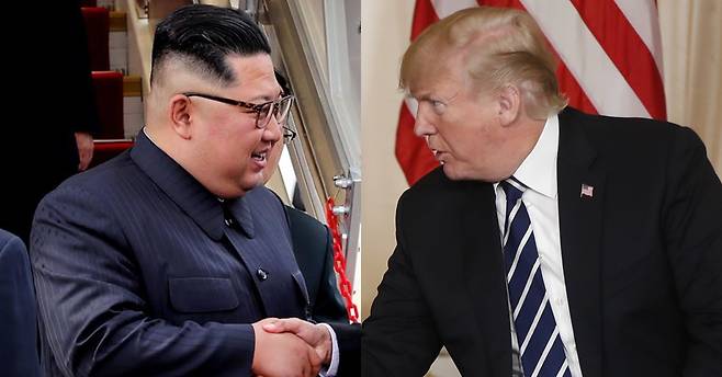 김정은(왼쪽) 북한 국무위원장과 도널드 트럼프 미국 대통령의 합성 사진. 연합뉴스. AP 연합뉴스