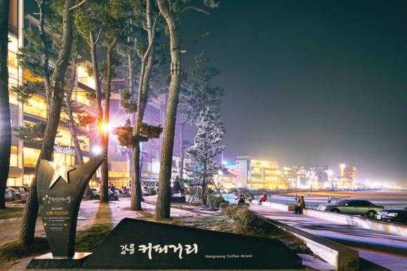 어둠이 내려앉고 불빛이 반짝거리는 카페거리.