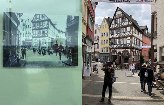 1914 년 오크가 바르낙이 발명한 세계 최초의 휴대용 콤팩트 카메라 ‘우르-라이카’로 촬영한 베츨러 구시가지 풍경(왼쪽)은 지금까지 그대로 남아 있어 관광 명소 역할을 톡톡히 하고 있다. 서정민 기자