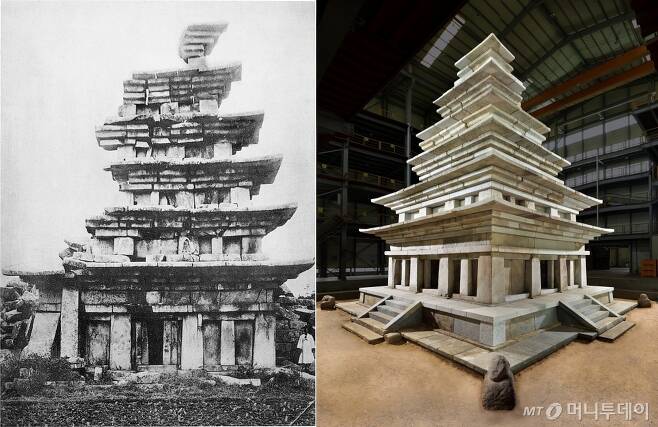 미륵사지 석탑 1910년 동측면(왼쪽)과  미륵사지 석탑 수리 후 동북측면. /사진제공=문화재청