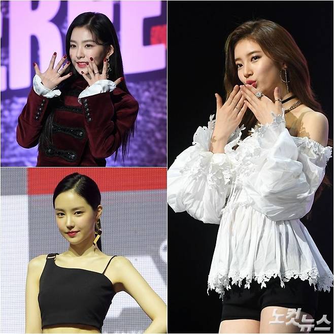 레드벨벳 아이린은 페미니즘 소설 '82년생 김지영'을 읽었다는 이유로, 에이핑크 손나은은 'Girls Can Do Anything'이 쓰인 폰 케이스가 노출됐다는 이유로, 수지는 불법촬영 피해자를 응원하고 지지하는 글을 올렸다는 이유로 공격을 받았다. 왼쪽부터 시계방향으로 아이린, 수지, 손나은 (사진=노컷뉴스 자료사진)