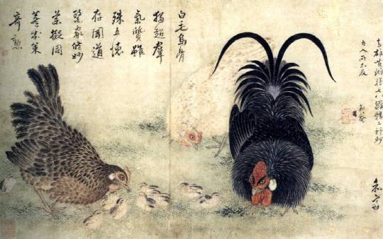 변상벽 ‘자웅장추(雌雄將雛)’, 암수탉이 병아리를 거느린다는 내용의 그림으로 간송미술관이 소장하고 있다. /서울경제DB