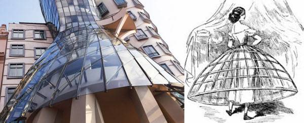 유리 건물 골조는 19세기 여성들이 치마를 부풀릴 때 쓰던 크리놀린을 닮았다./ tadu.cz(좌),The Fashion Historian