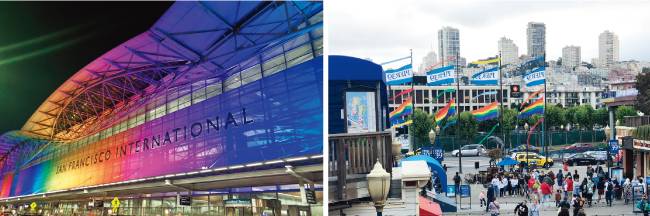 무지개 조명으로 환한 샌프란시스코국제공항(왼쪽). 관광객들의 필수 여행코스인 부두 ‘피어39’ 입구에도 무지개 깃발이 펄럭였다. [정혜연 기자]