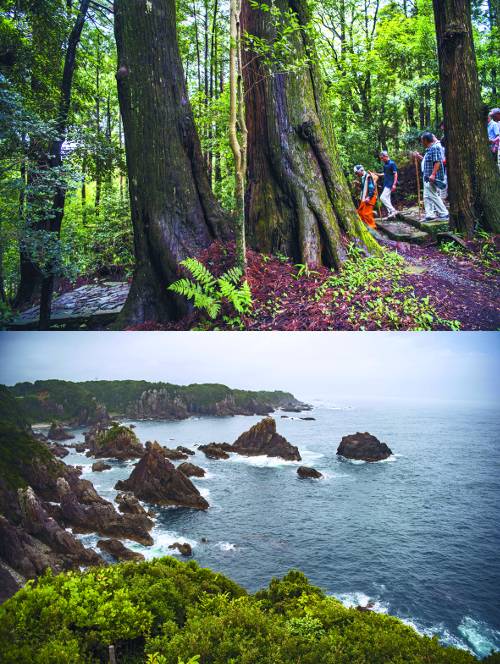 구마노고도를 걷는 순례객(위). 금강산 해금강에서 이름을 따온 우미콘고(아래).