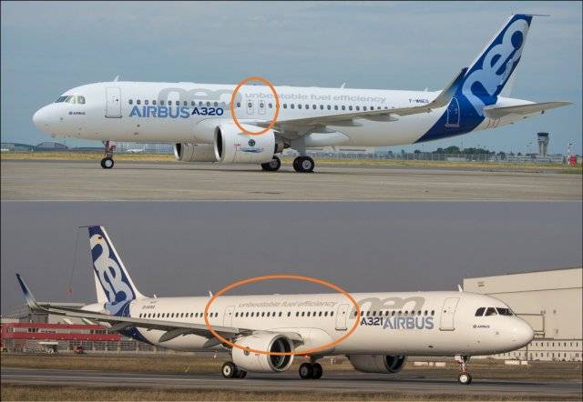 같은 ‘A320 패밀리’ 기종으로 분류되지만 탑승객 수만 다른 에어버스 A320(위)와 A321의  비상구 숫자 차이. 위에서 언급한 탈출 규정을 지키기 위해 승객 수가 많아지면 비상구 크기나 숫자도 함께 바뀌어야 합니다.  자료: 에어버스