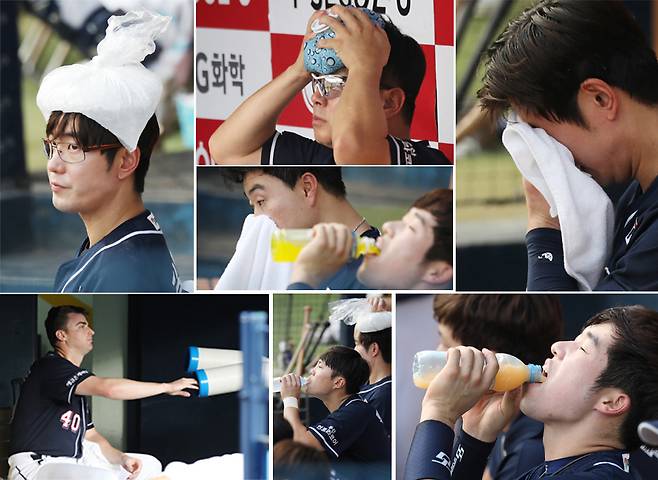 전국이 최고 38도 폭염으로 달궈졌던 지난 22일 서울 잠실야구장에서 열린 2018 KBO 리그 두산 베어스와 LG 트윈스의 경기에서 두산 김태형 감독을 비롯한 선수들이 얼음주머니와 냉풍기 등을 이용해 더위를 식히고 있다. 왼쪽 윗쪽부터 시계방향으로 김재호, 김태형 감독, 김 감독 밑 사진 오재일, 김재호, 조수행, 류지혁, 후랭코프. [뉴시스]