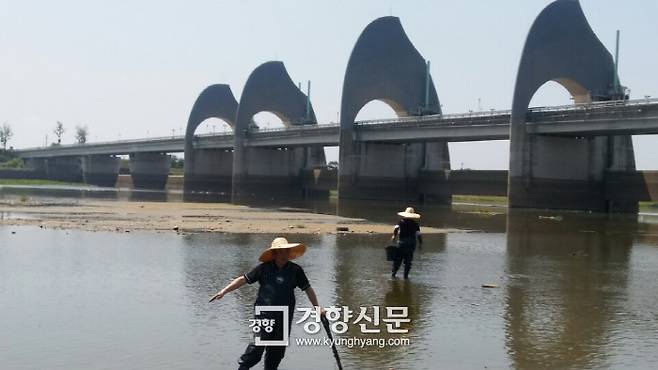 6일 박창근 대한하천학회 회장과 연구진이 영산강 승촌보에서 현장조사를 진행하고 있다.