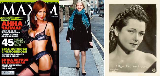 애나 채프먼이 패션잡지 ‘맥심’의 러시아판 표지 모델로 나온 모습. 러시아의 대표적인 미녀 스파이 예카테리나 자툴리베테르. 올가 체코바(왼쪽부터). [Film Foto Verlag]