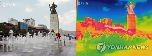 [최악폭염] 역대급 폭염에 붉게 물든 광화문 (서울=연합뉴스) 김도훈 기자 = 1907년 기상관측 이래 역대 최고 기온을 기록한 1일 오후 서울 광화문 광장을 일반카메라와 열화상 카메라로 촬영한 모습.       오른쪽 영상이 열화상 카메라로 촬영한 사진으로 온도가 높을수록 붉게 낮을수록 푸르게 표시된다. 2018.8.1      superdoo82@yna.co.kr