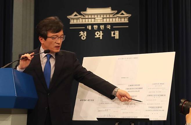 김의겸 청와대 대변인이 지난달 20일 춘추관 브리핑룸에서 군으로부터 입수한 기무사의 계엄문건을 공개하고 있다. 청와대사진기자단