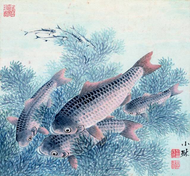 조석진 ‘군어유영’ 25.5×27.5㎝ 종이에 그린 수묵 담채화. 가족 같은 잉어떼가 평화롭게 헤엄치는 모습을 담고 있다.  /사진제공=간송미술문화재단