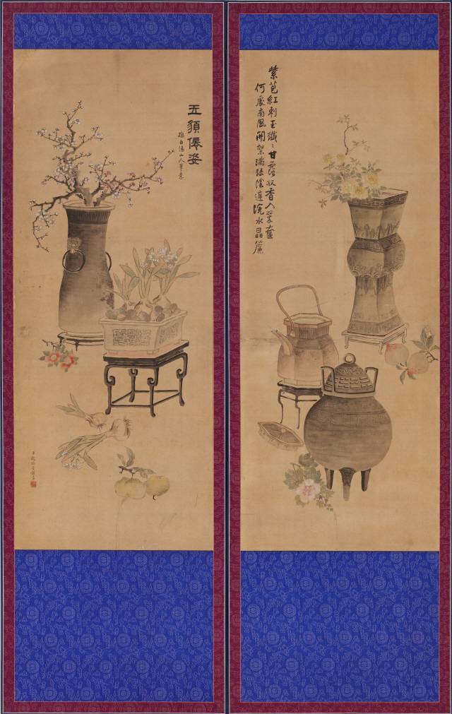 조석진 ‘기명절지도 2폭 병풍’. 장미,모란,복숭아,매화,수선화와 골동품이 등장하는 그림 하단에 ‘신 조석진이 삼가 그리다’라고 적혀 있어 도화서에 몸담았던 조석진이 고종이나 순종을 위해 그렸음을 알 수 있다. /사진제공=국립고궁박물관