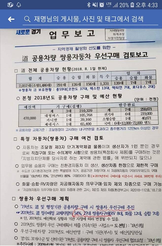 이재명 경기도지사가 6일 자신의 페이스북에 올린 경기도 공용차량 쌍용자동차 우선구매 검토 보고서