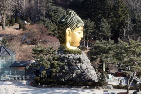 경기도 용인 와우정사에 들어가면 돌 불단 위에 놓인 높이 8m의 황금색 대형 불두가 눈길을 끈다. 최정동 기자