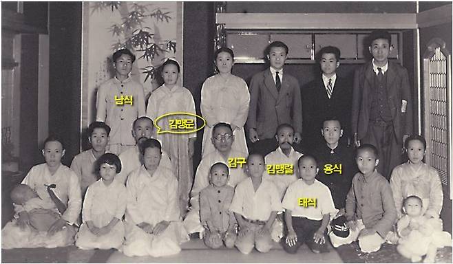 황해도 신천 청계동에서 만나 청국시찰을 같이 했던 김형진 가족과(익산, 1946.9.28.), 김맹문(김형진 아들), 김맹렬(김형진 동생의 아들), 김남식(김맹문 둘째 아들), 김용식(김맹문 셋째 아들), 김태식(김맹렬 아들). 문화재청 제공