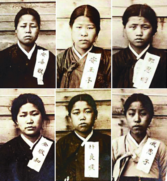 3·1운동 이듬해인 1920년 3월 1일 배화여학교 교정에서 독립만세 운동을 재현한 안희경 안옥자 소은명 성혜자 박양순 김경화 학생(왼쪽 위부터 시계방향). 당시 14∼18세였던 이들은 일본 경찰에게 붙잡혀 한 달 넘게 수감됐다. 보훈처 제공