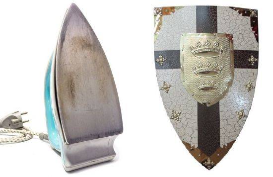 중세 유럽에서 기사들이 사용하던 방패는 흔히 '히터실드'라고 불리며, 19세기 도검 수집가들이 마치 다리미 밑판처럼 생겼다고 해서 붙인 이름으로 알려져있다.(사진=aliexpress.com, enechange.jp)