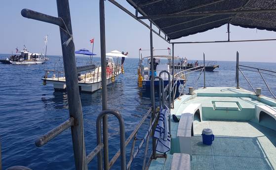 다이버를 태운 배들이 경포 앞바다 해중공원에 모여든 모습.