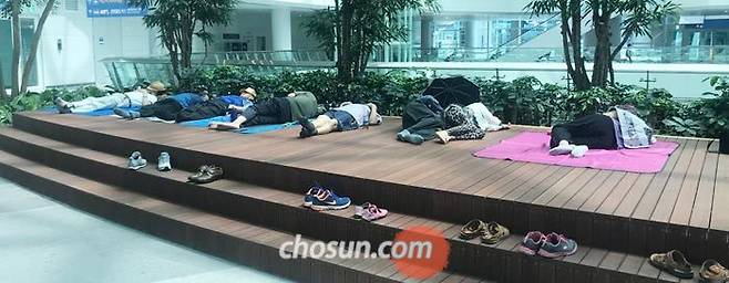 지난 13일 오후 폭염 더위를 피해 인천공항 제2터미널을 찾은 노인들이 나란히 휴식 공간에 누워 낮잠을 자고 있다. 폭염경보가 이어진 한 달간 7만명 넘는 노인이 무료로 공항철도를 타고 제2터미널을 찾았다. 몇몇 노인들은 아예 집에서 도시락을 싸왔고 보안요원의 눈을 피해 술을 마시는 사람도 있었다. /곽승한 인턴기자
