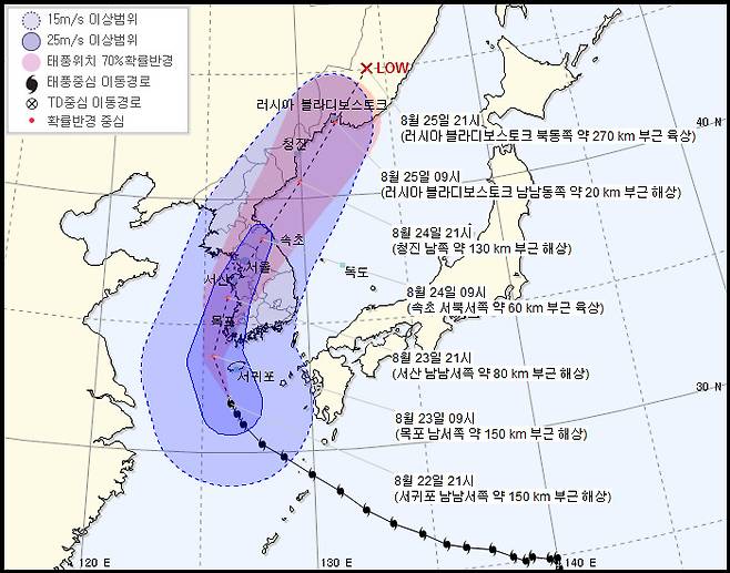 한국 기상청이 22일 오후 10시 현재 예측한 태풍 솔릭의 예상 이동경로.