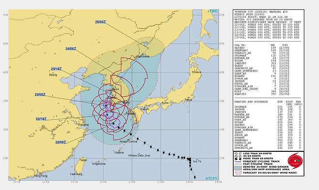 미국 합동태풍경보센터(JTWC)가 22일 오후 6시께 예측한 태풍 솔릭의 예상 이동경로.