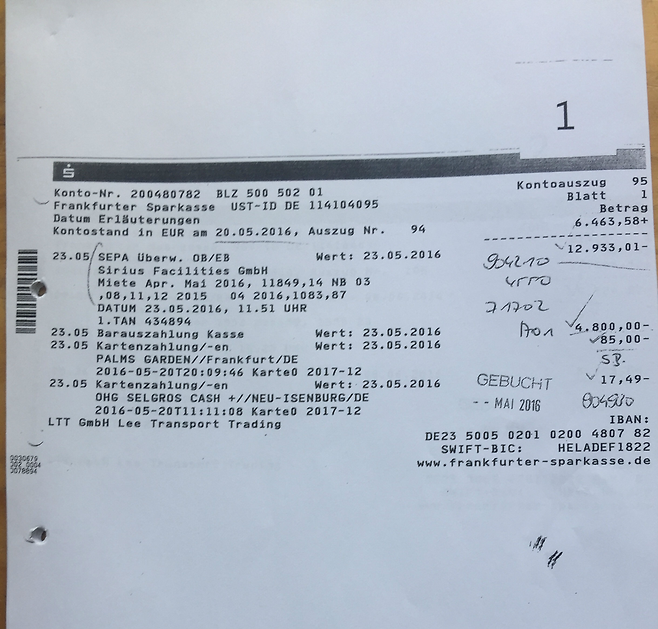 2016년 5월23일 LTT가 독일 슈파카세 은행의 법인 계좌를 통해 임대료 지불 목적으로 쓴 돈의 내역. '12.933'은 '1만2933유로'를 뜻한다. ⓒ 정민규 변호사 제공