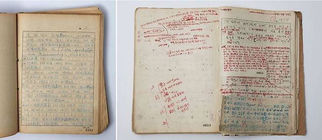 한국전쟁이 한창이던 1950년 11∼12월에 베껴 쓴 제6권 원고의 일부(왼쪽), 1953년 전주에서 수정한 제5권 원고의 일부. 사진 출처 <국가기록원>